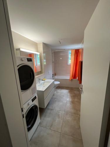 a small bathroom with a washer and dryer in it at Great new apartment surrounded by nature. in Schattdorf