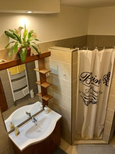 baño con lavabo y cortina de ducha en Holiday Home Siraly en Miskolctapolca