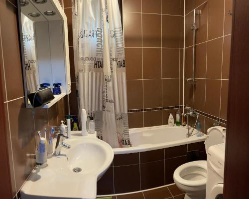 ein Badezimmer mit einem Waschbecken, einer Badewanne und einem WC in der Unterkunft 3 Bedroom Apartment with pool in Čeluga