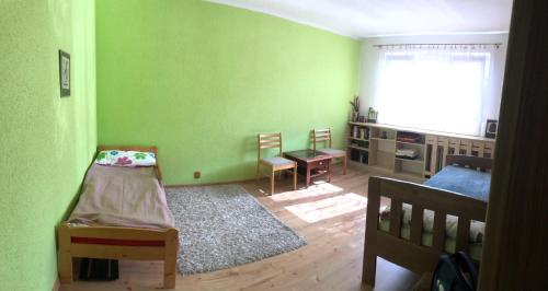 um quarto com paredes verdes, uma mesa e uma cama em Wonderful house em Sokolov
