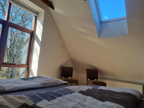 1 dormitorio con 1 cama y 2 sillas junto a una ventana en Elling Bed & Breakfast, en Frederikshavn