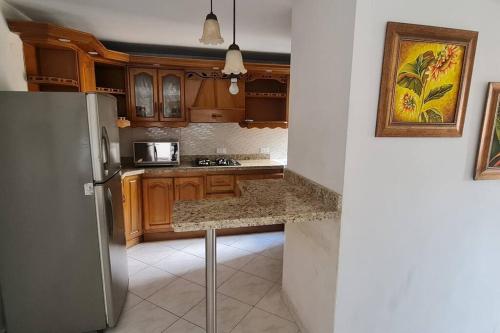 eine Küche mit Holzschränken und einem Kühlschrank aus Edelstahl in der Unterkunft Hermoso apartamento, con todas las comodidades. in Medellín