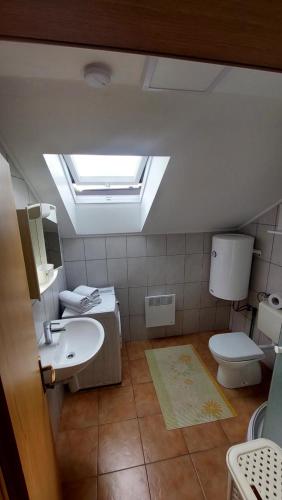 łazienka z toaletą, umywalką i oknem dachowym w obiekcie Apartma ASJA w mieście Brežice