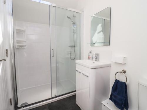 La salle de bains blanche est pourvue d'une douche et d'un lavabo. dans l'établissement The Office, à Witney