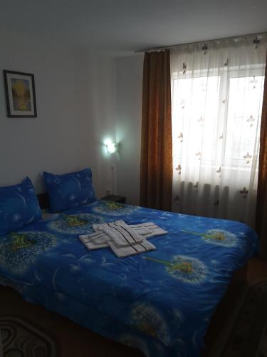 a bedroom with a blue bed with two towels on it at Camere de inchiriat EDELWEISS in Dumbrava Roşie