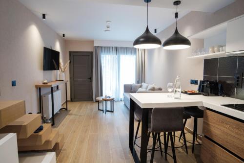 a kitchen and living room with a table and chairs at ALPE LUXURY ACCOMMODATION Penelope Collection in Olympiada