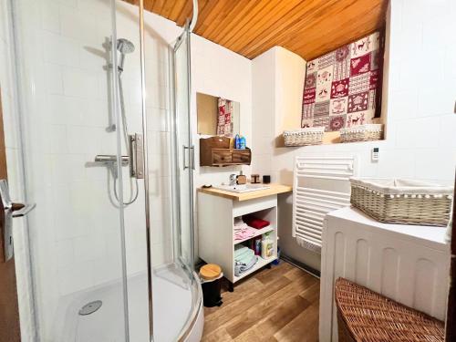 uma casa de banho com um chuveiro e um WC. em T2 au charme authentique em Briançon