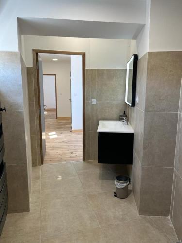 une salle de bain avec un lavabo et un miroir dans l'établissement Superbe maison de ville, rénovée à 15 min de Lyon, à Saint-Symphorien-dʼOzon