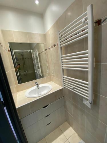 une salle de bain avec un lavabo et un miroir dans l'établissement Villa 91m2, Piscine, clim, calme, proche plage, à Roquebrune-sur Argens