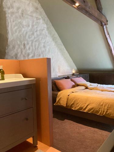 een slaapkamer met 2 bedden en een wastafel. bij Encore une fois, La grande maison in Locmalo
