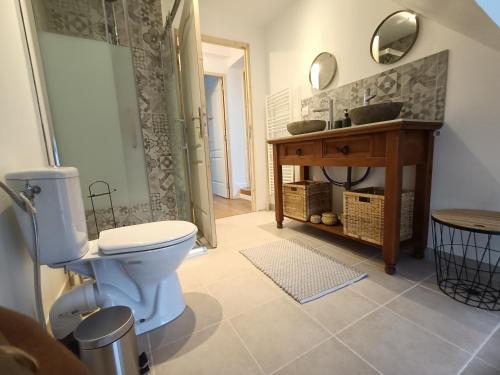 ein Badezimmer mit einem WC, einem Waschbecken und einem Spiegel in der Unterkunft Petit Coin de Beauce in Toury