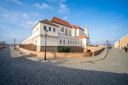 a large white building on a brick street at Penzion Village Peace #29 by Goodnite cz - U Libušky in Brno