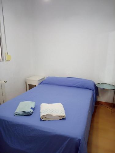 niebieskie łóżko w pokoju z dwoma ręcznikami w obiekcie Apartamento 2 dormitorios cerca del Wizink w Madrycie