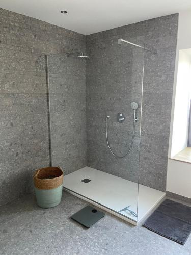 La salle de bains est pourvue d'une cabine de douche en verre. dans l'établissement Les Quartiers d'Urbain, à Nollevaux