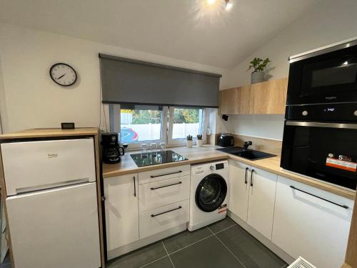 ザラエゲルセグにあるD 20 Apartmanház Zalaegerszeg Dózsa György utca 20のキッチン(洗濯機、シンク、電子レンジ付)