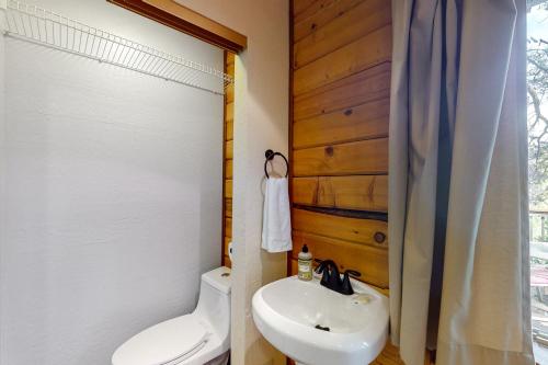 a bathroom with a white toilet and a sink at Fairy Trail in Mountainaire