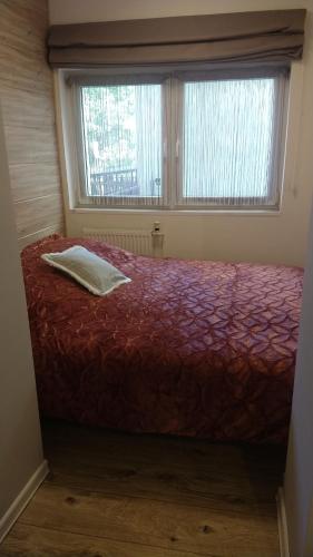 科沃布熱格的住宿－Mieszkanie，一间卧室配有一张带红色毯子的床和窗户。