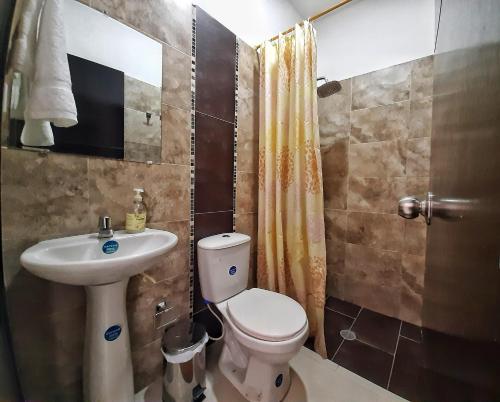 La petite salle de bains est pourvue de toilettes et d'un lavabo. dans l'établissement Hospederia Sol del Desierto, à Villavieja
