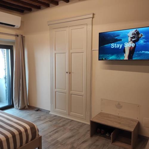 a bedroom with a bed and a tv on the wall at The View - Sunset & Relax - Suite - Appartamenti Vista Lago in Passignano sul Trasimeno