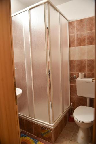 a bathroom with a shower with a toilet and a sink at Pansion Stojić in Međugorje