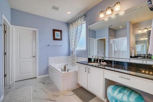 a bathroom with a tub and a sink and a mirror at Hill Country Haven in Lago Vista