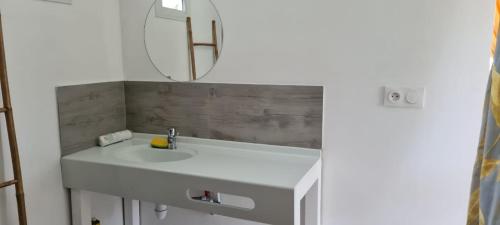 een badkamer met een witte wastafel en een spiegel bij LES BUNGALOWS DE LOUISIANE in Saint-François