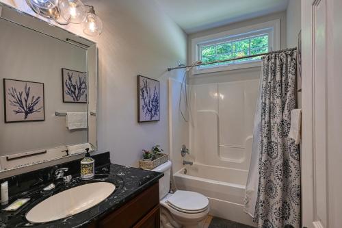 La salle de bains est pourvue d'un lavabo, de toilettes et d'une douche. dans l'établissement Swan Lake, à Bumpass
