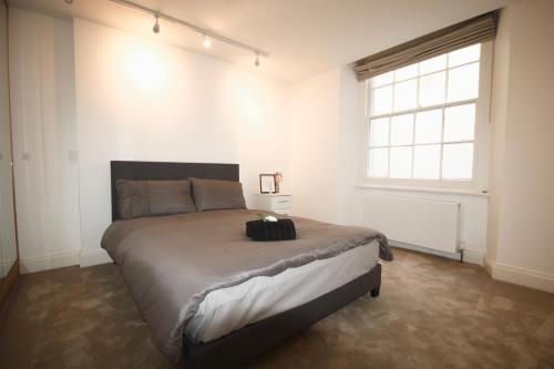 sypialnia z dużym łóżkiem i dużym oknem w obiekcie Superb flat near Victoria station w Londynie