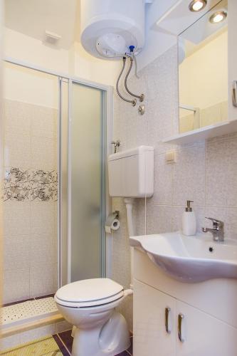 a bathroom with a toilet and a sink and a shower at Studio Zuronja 14095b in Putniković
