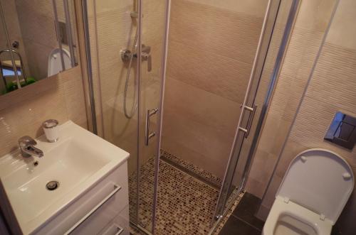 a bathroom with a shower and a sink and a toilet at Apartments by the sea Slatine, Ciovo - 14158 in Slatine