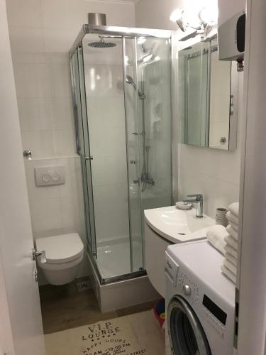 a bathroom with a shower and a toilet and a sink at Apartments by the sea Stupin Celine, Rogoznica - 14416 in Podglavica