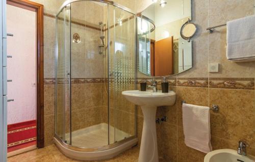 La salle de bains est pourvue d'une douche, d'un lavabo et d'un miroir. dans l'établissement Family friendly house with a swimming pool Sveti Lovrec, Central Istria - Sredisnja Istra - 14432, à Sveti Lovreč Pazenatički