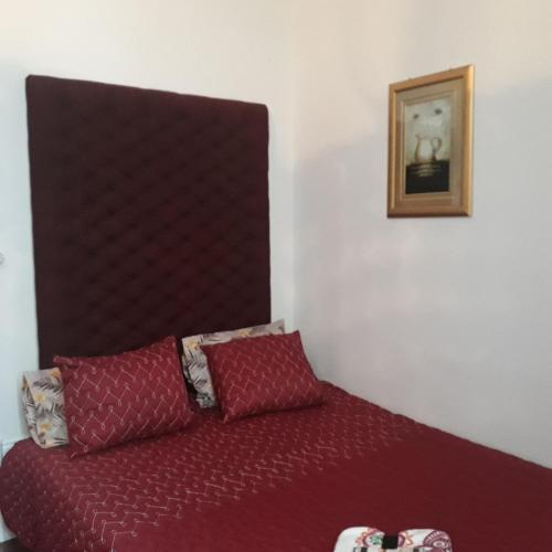 a bed with red pillows in a room at Casa dragão in Porto