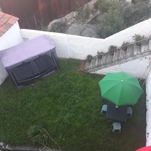 a green umbrella sitting in the grass in a yard at Casa dragão in Porto