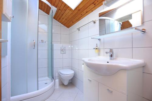 een badkamer met een wastafel, een toilet en een douche bij Apartments by the sea Duce, Omis - 16406 in Duće