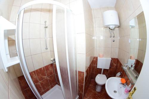 a bathroom with a shower and a toilet and a sink at Apartment Sucuraj 16404b in Sućuraj