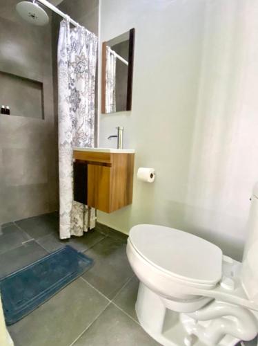 a bathroom with a white toilet and a sink at Casa Margarita Oaxaca in Oaxaca City