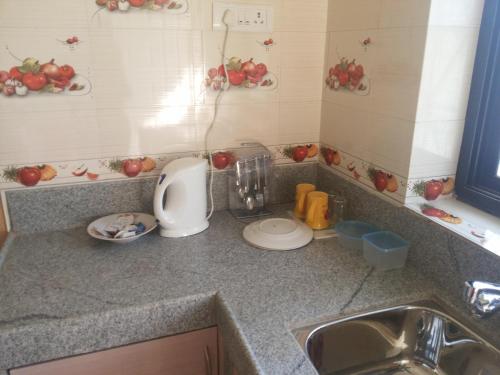 a kitchen counter with a sink and apples on the wall at Thee Haven Candolim in Candolim