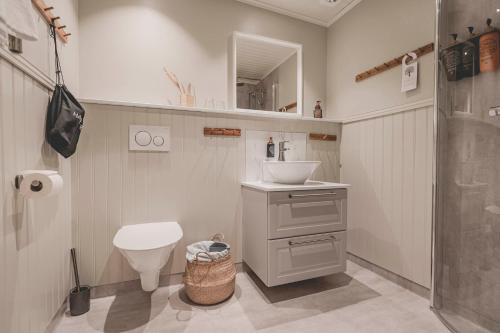 a bathroom with a sink and a toilet and a shower at Naya Retreat & Hotell in Mörbylånga