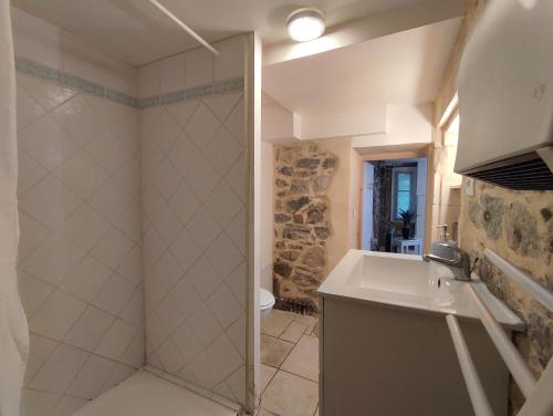 une salle de bain avec douche et lavabo dans l'établissement Pont De Crau, à Arles