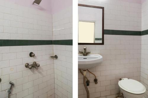 two pictures of a bathroom with a toilet and a sink at Hotel Natraj in Bilāspur