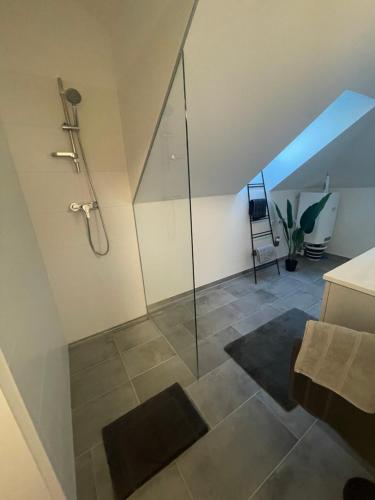 a bathroom with a shower with a glass door at Sorinas Home - Comfortable Apartment near Graz - Free Parking in Wagersbach
