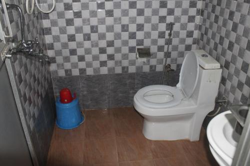 ein Badezimmer mit einer weißen Toilette und einem Waschbecken in der Unterkunft Shuklaphanta Jungle Cottage in Bahāsi