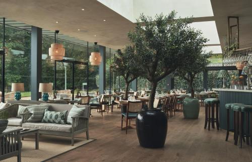 a restaurant with tables and chairs and a tree in the middle at Wildhive Callow Hall in Ashbourne