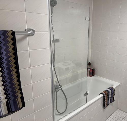 eine Dusche mit Glastür im Bad in der Unterkunft Apartment 31 in Wilhelmshaven