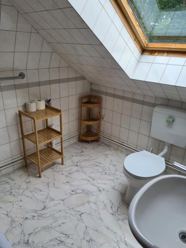 a bathroom with a white toilet and a sink at Ferienwohnungen Frohberg in Schneverdingen