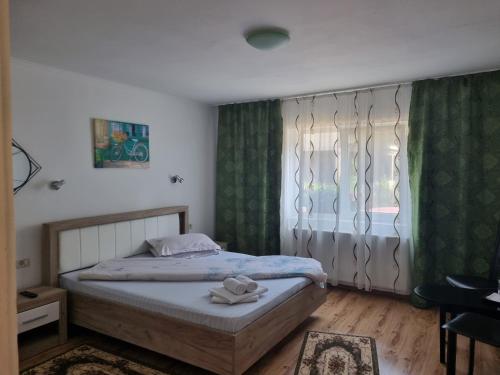 a bedroom with a bed and a window with green curtains at Casa Lidia in Rîu de Mori