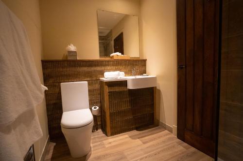 a bathroom with a toilet and a sink and a mirror at The Inn South Stainley in Harrogate