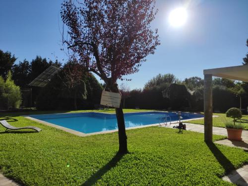 a swimming pool with a tree and a sign in the grass at Quinta Vale do Homem in Amares