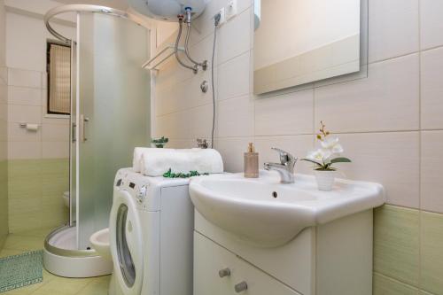 a bathroom with a sink and a washing machine at Apartmani Xenia & Desiderio in Buzet